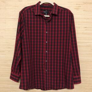 Bar III Men’s Slim Fit Stretch Red Black Plaid Button Down Dress Shirt Large